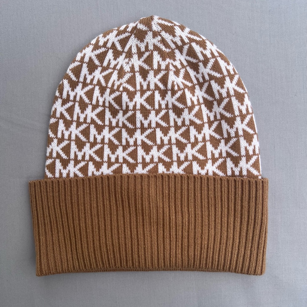 Michael Kors Tan and White Logo Beanie